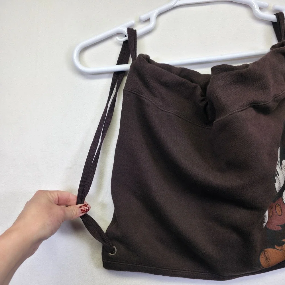 Mickey Mouse Drawstring Backpack Brown Walt‎ Disney Fleece Lined Cartoon Vintage